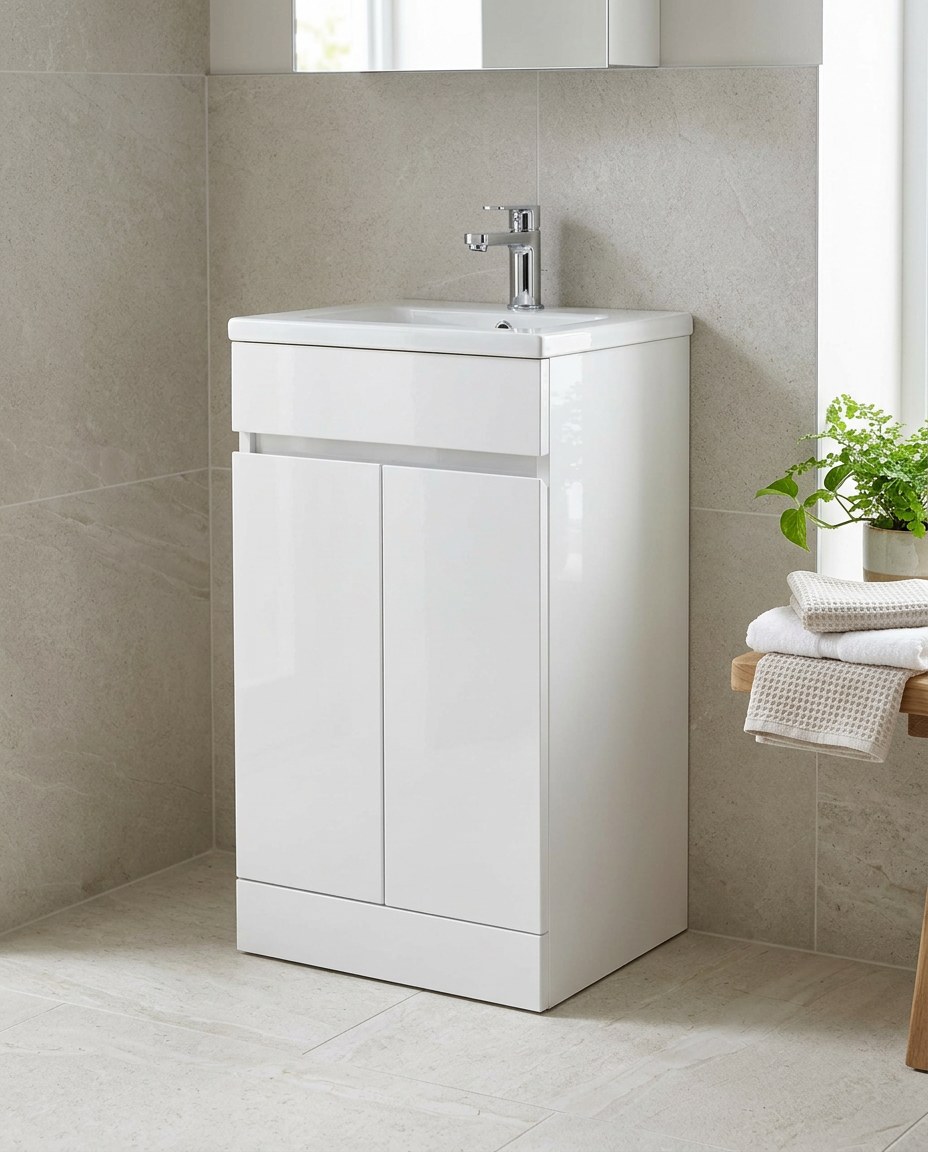 Atlas 500mm Waterproof Vanity Unit & Basin, 2 Doors in a bright modern bathroom