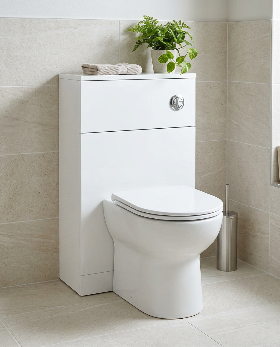 Atlas 500mm Waterproof WC Unit in a bright modern bathroom