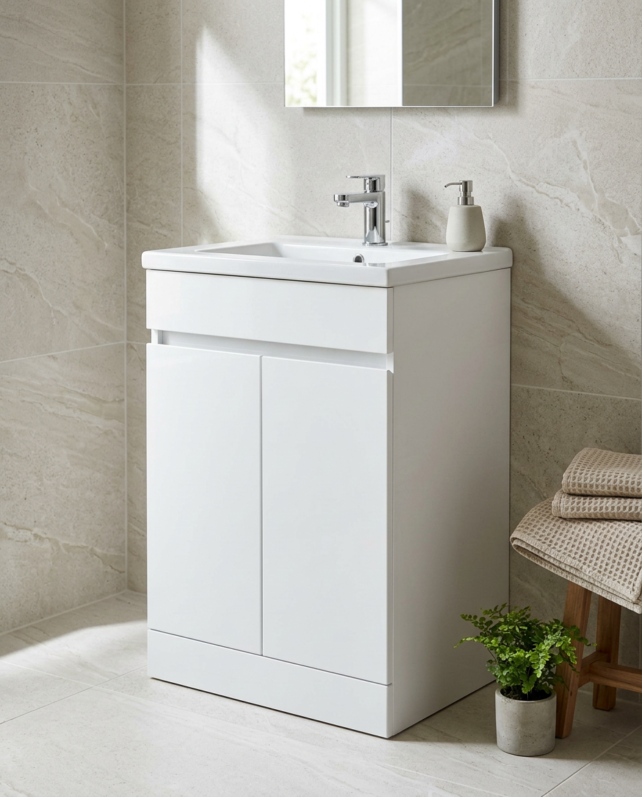Atlas 600mm Waterproof Vanity Unit & Basin, 2 Doors in a bright modern bathroom
