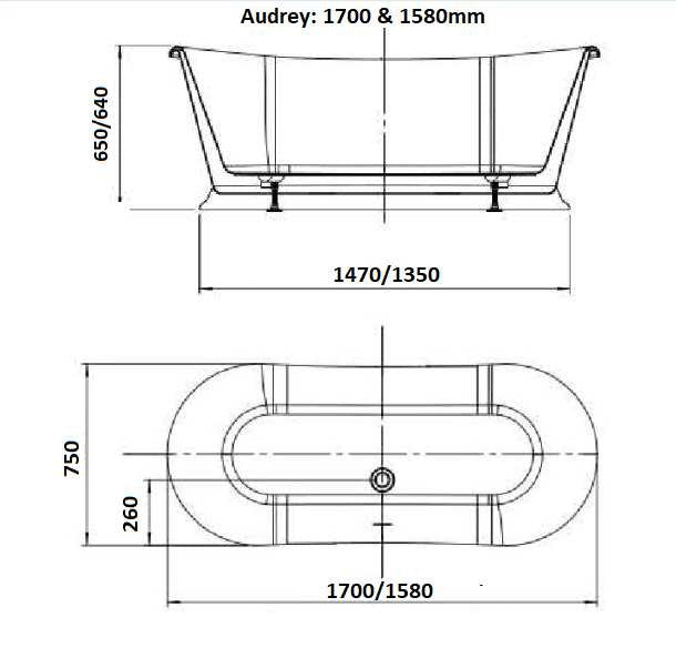 Audra roll top boat bath technical drawing, 1700mm and 1580mm
