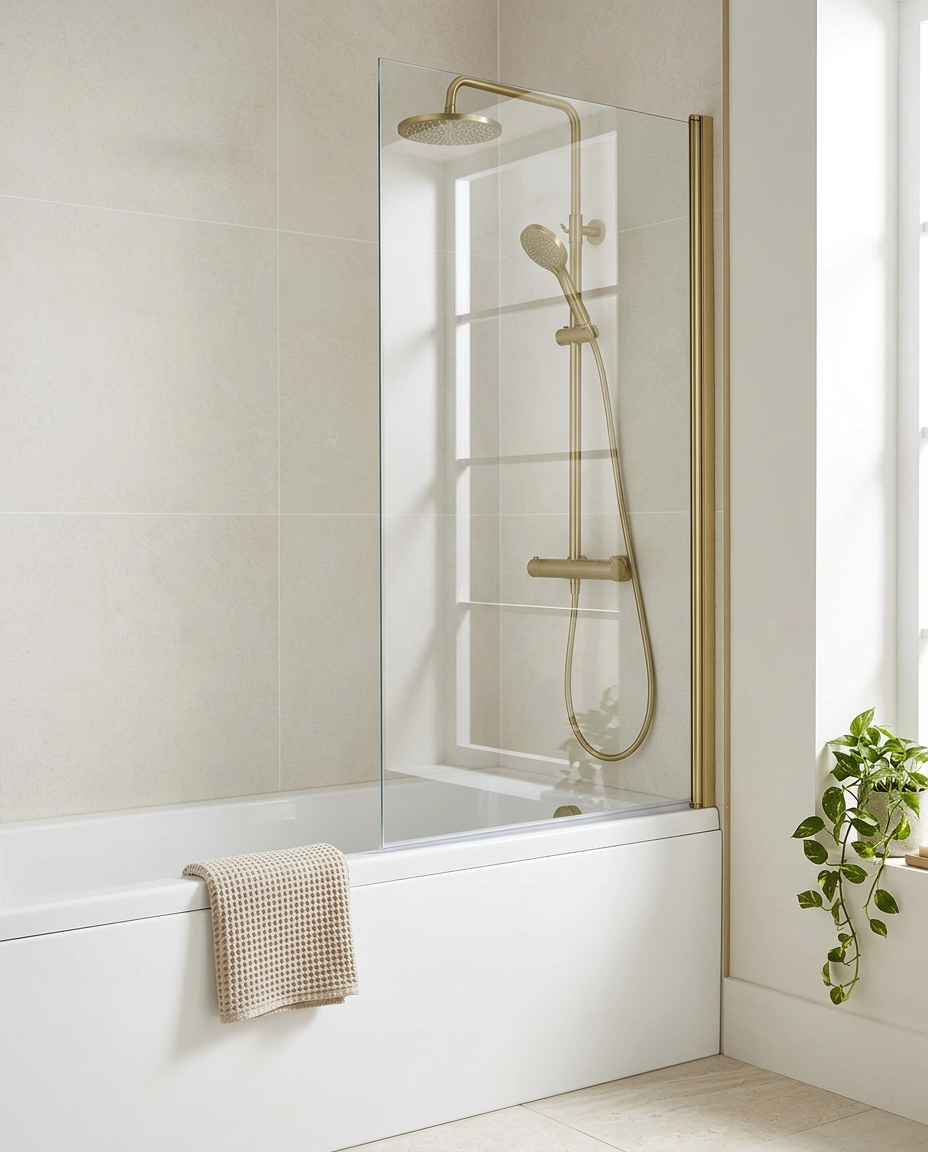 Aurea Brushed Brass Bath Screen in a bright modern bathroom