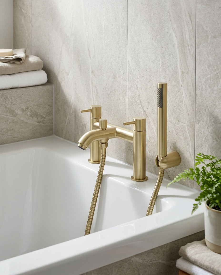 Aurea Brushed Brass Bath Shower Mixer in a bright modern bathroom