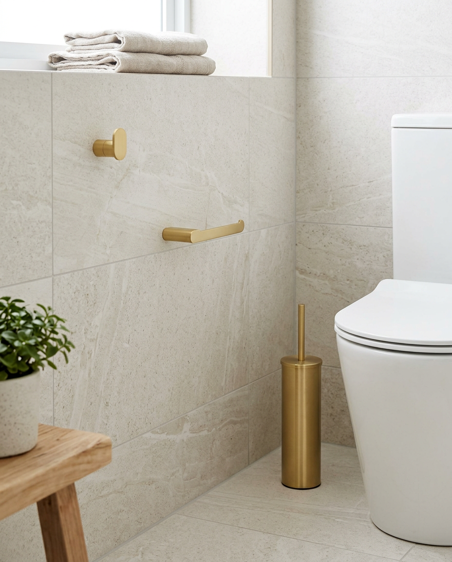 Aurea Brushed Brass Bathroom Accessories in a bright modern bathroom