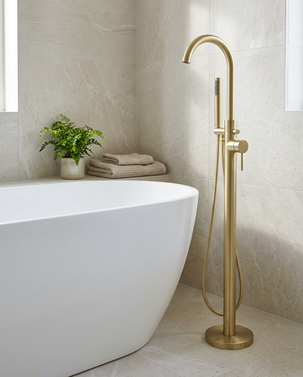 Aurea Brushed Brass Freestanding Bath Shower Mixer