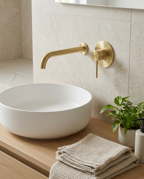Aurea Brushed Brass Wall Mounted Basin Mixer