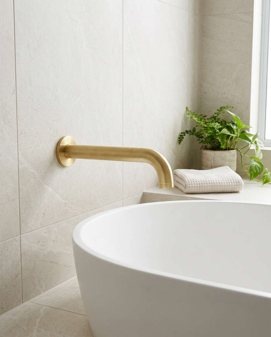 Aurea Brushed Brass Wall Mounted Bath Spout in a bright modern bathroom