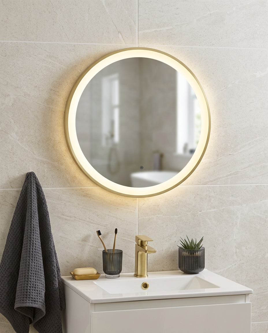 Aurea Round Brushed Brass LED Mirror in a bright modern bathroom