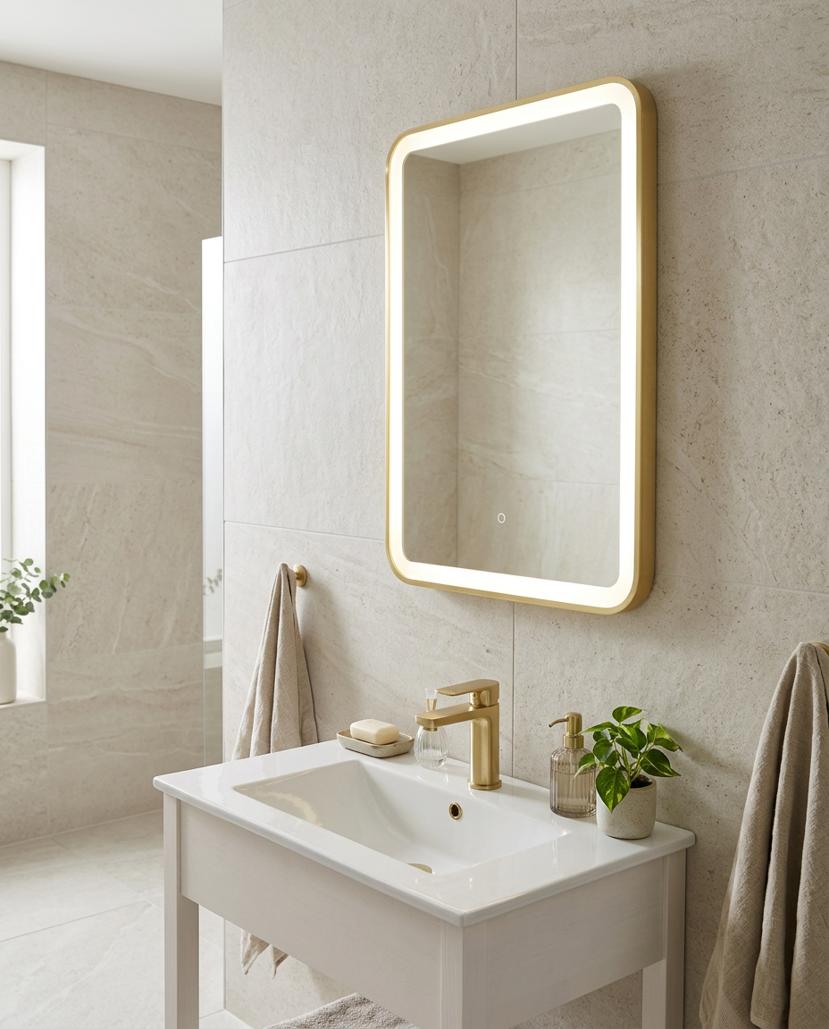 Aurea Square Brushed Brass LED Mirror in a bright modern bathroom