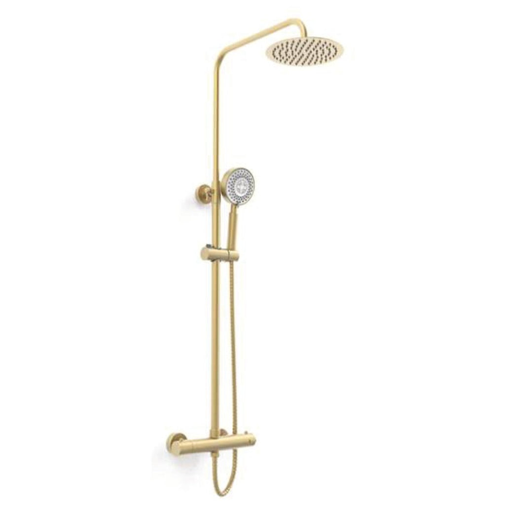 Aurea Brushed Brass Thermostatic Shower Sets, Exposed bar valve with ultra-slim overhead drencher and sliding handset