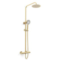 Aurea Brushed Brass Thermostatic Shower Sets, Exposed bar valve with ultra-slim overhead drencher and sliding handset