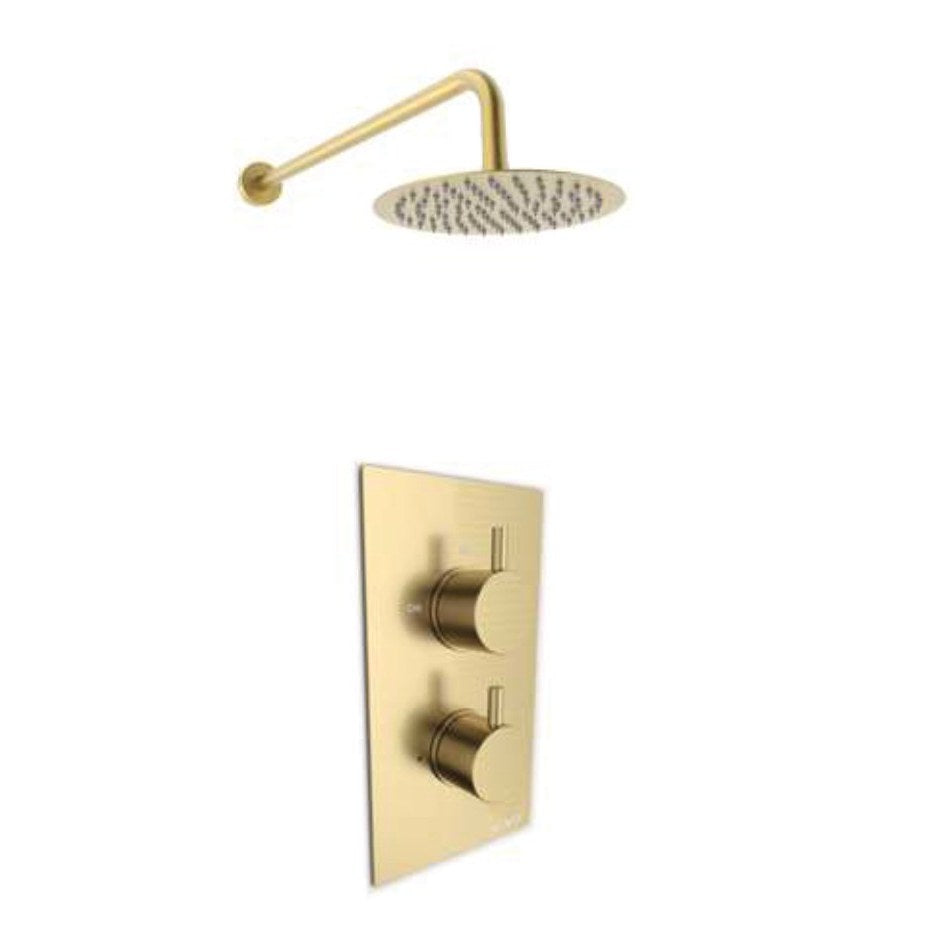 Aurea Brushed Brass Thermostatic Shower Sets, Concealed valve with fixed overhead drencher