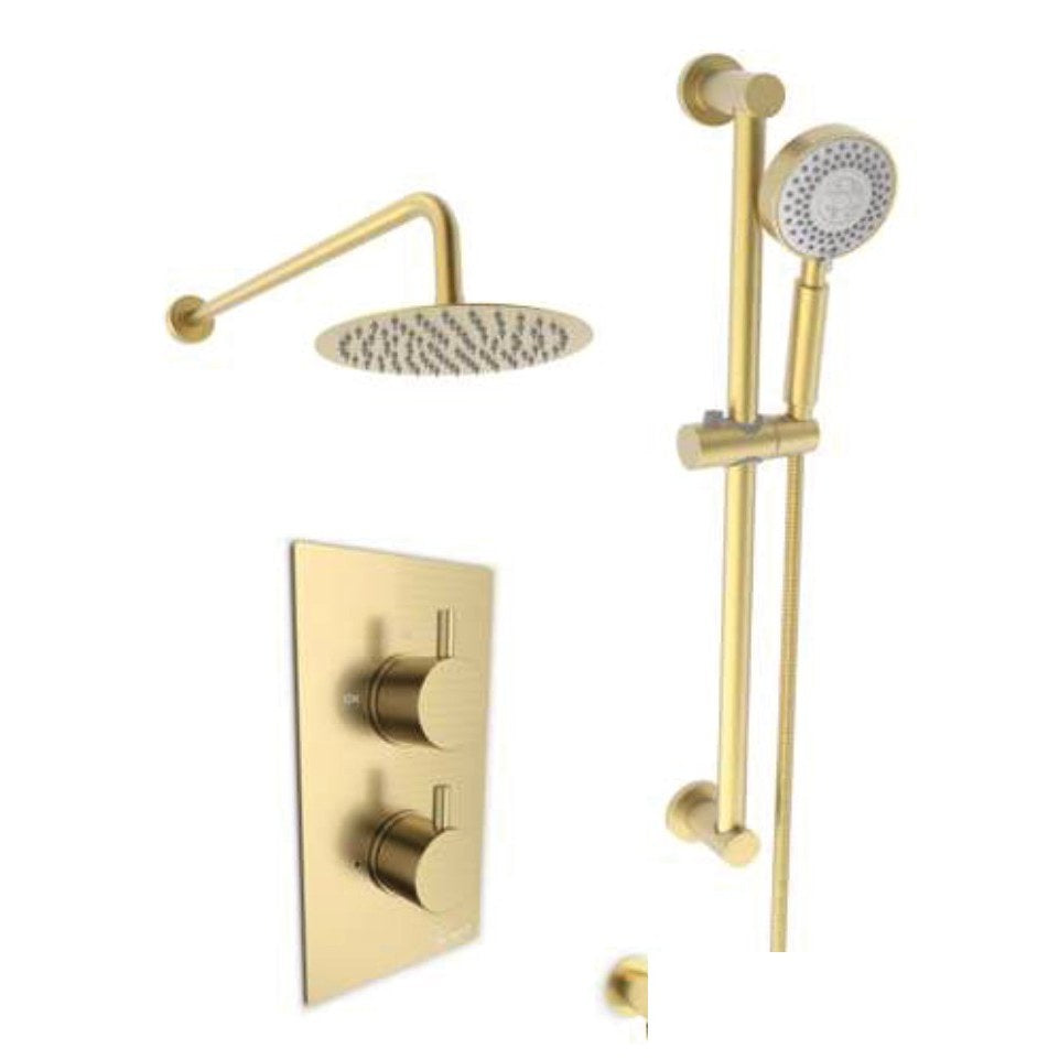 Aurea Brushed Brass Thermostatic Shower Sets, Concealed valve with slide rail kit and fixed overhead drencher