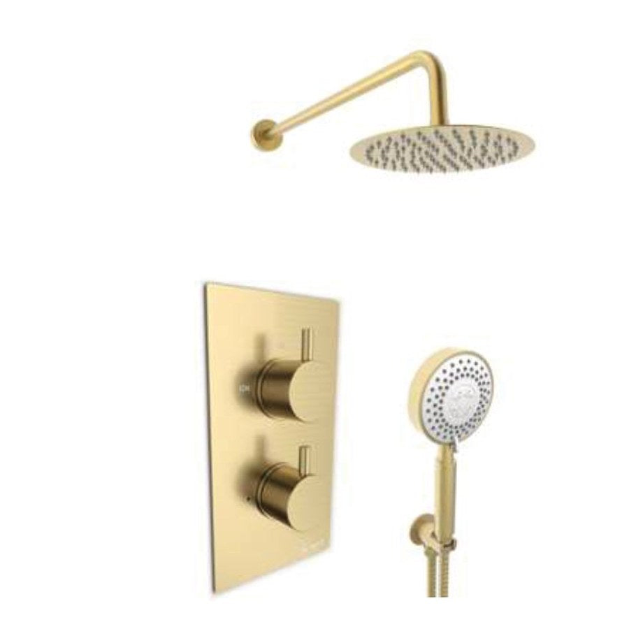 Aurea Brushed Brass Thermostatic Shower Sets, Concealed valve with separate handshower and fixed overhead drencher