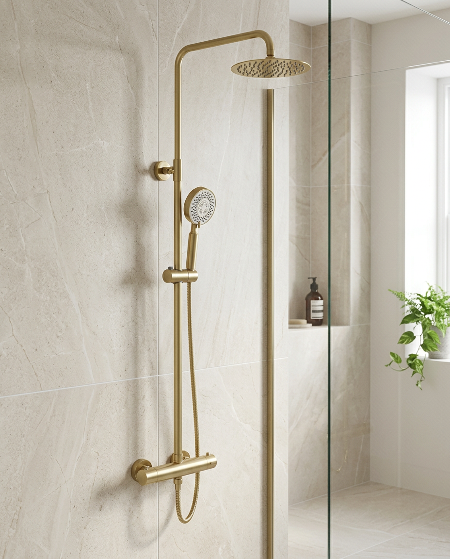 Aurea Brushed Brass Thermostatic Shower Sets in a bright modern bathroom