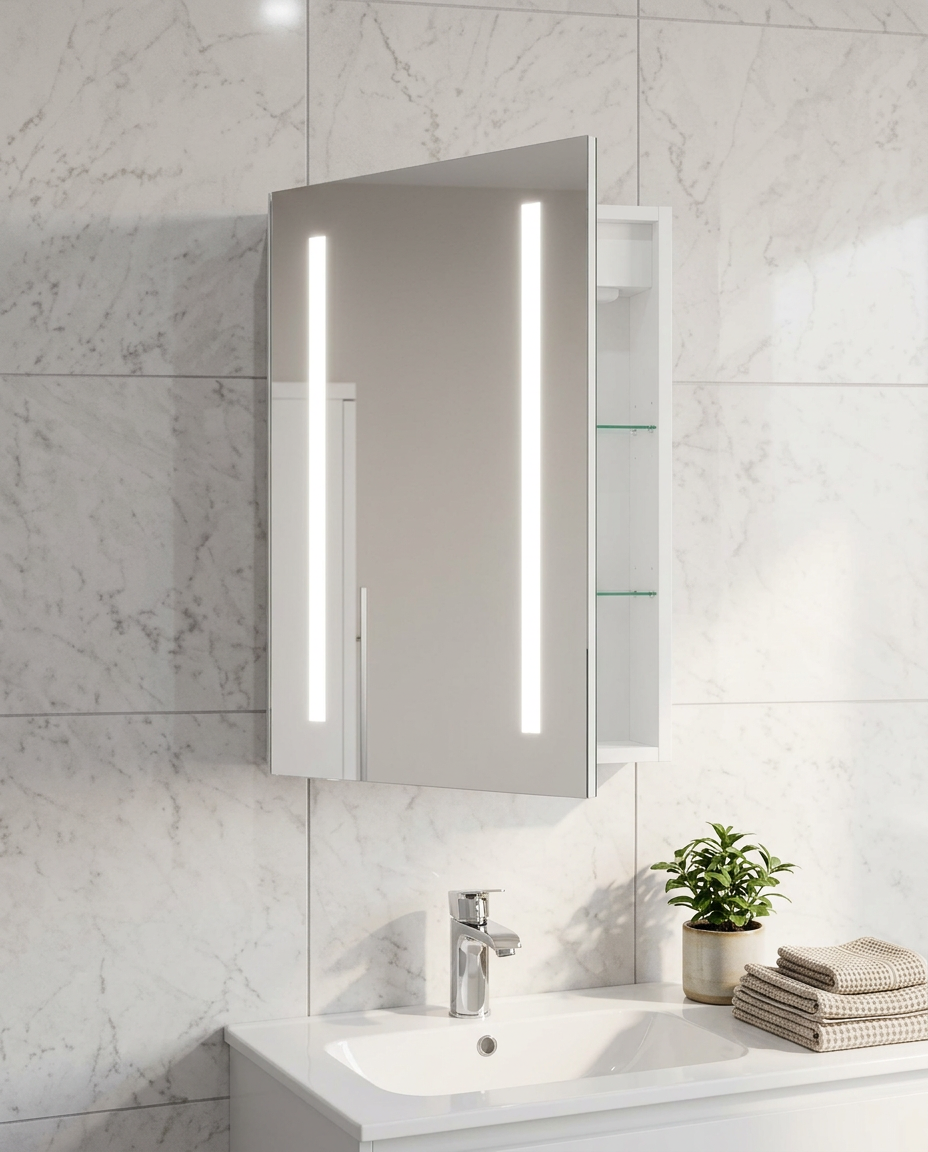 Aurora LED Mirror Cabinet in a bright modern bathroom