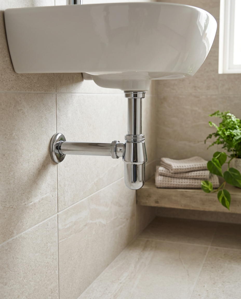 Chrome Basin Bottle Traps, round bottle trap in a bright modern bathroom