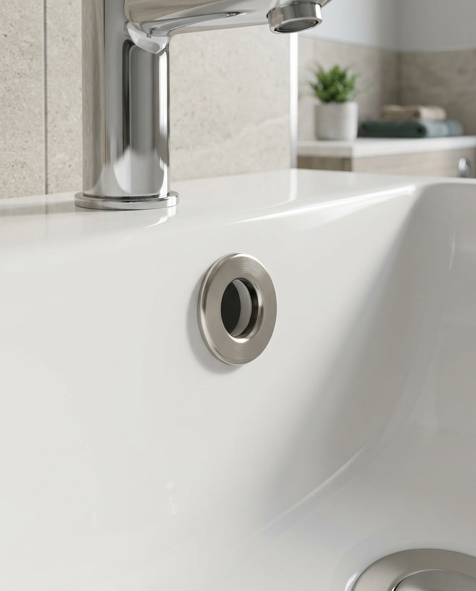 Basin Overflow Rings, brushed nickel in a bright modern bathroom