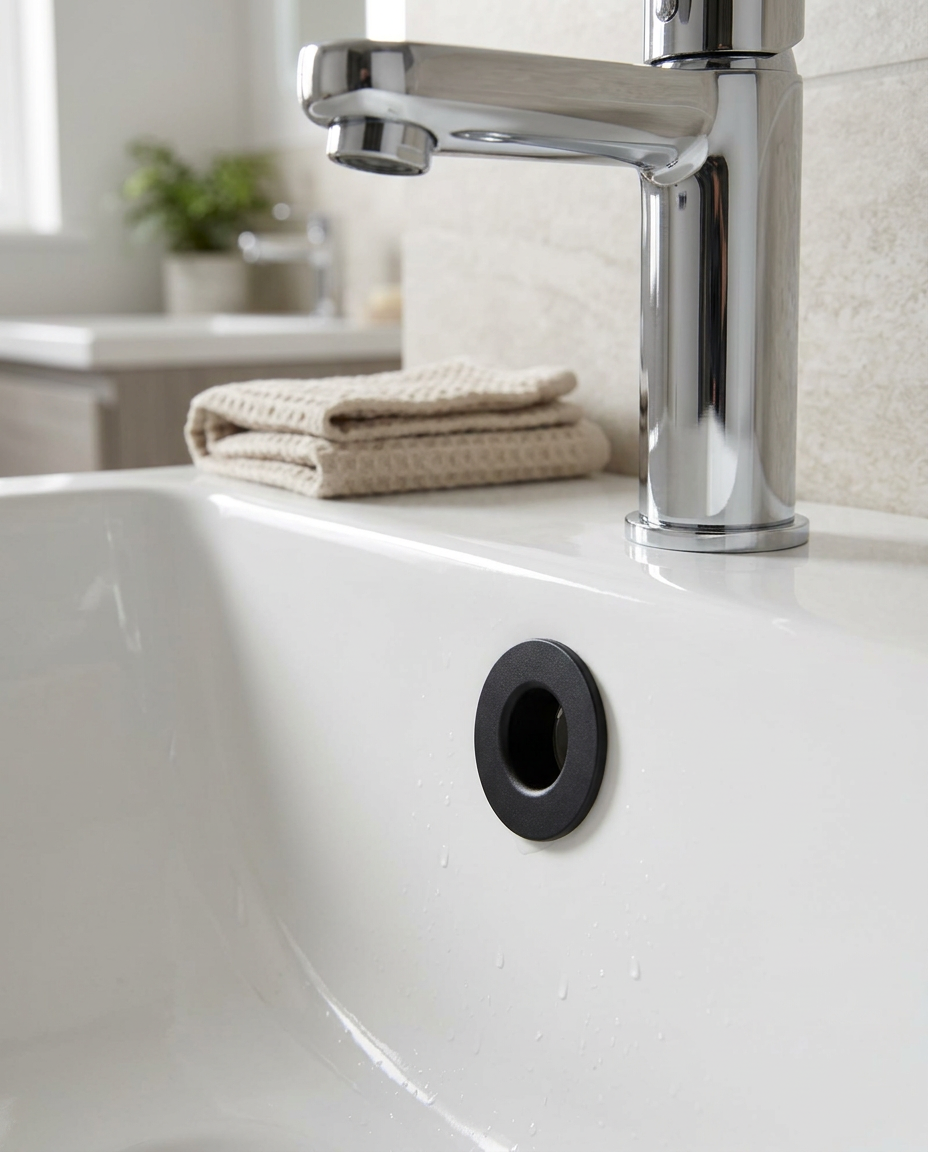 Basin Overflow Rings, matt black in a bright modern bathroom