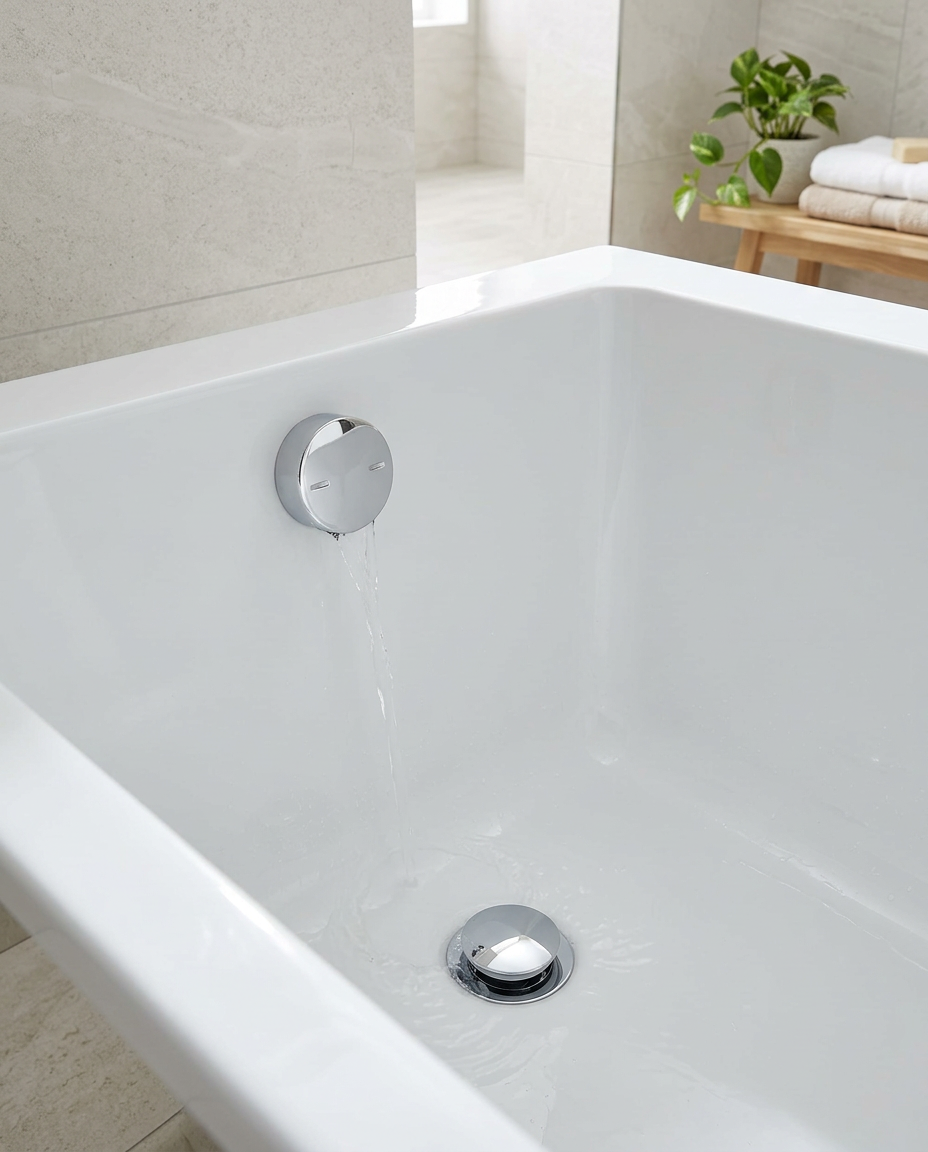 Bath Overflow Fillers, overflow filler with click waste in a bright modern bathroom