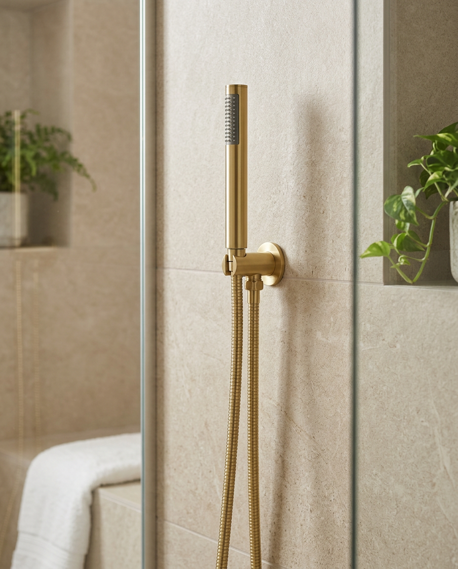 Bespoke Round Hand Shower with Outlet Elbow in a bright modern bathroom