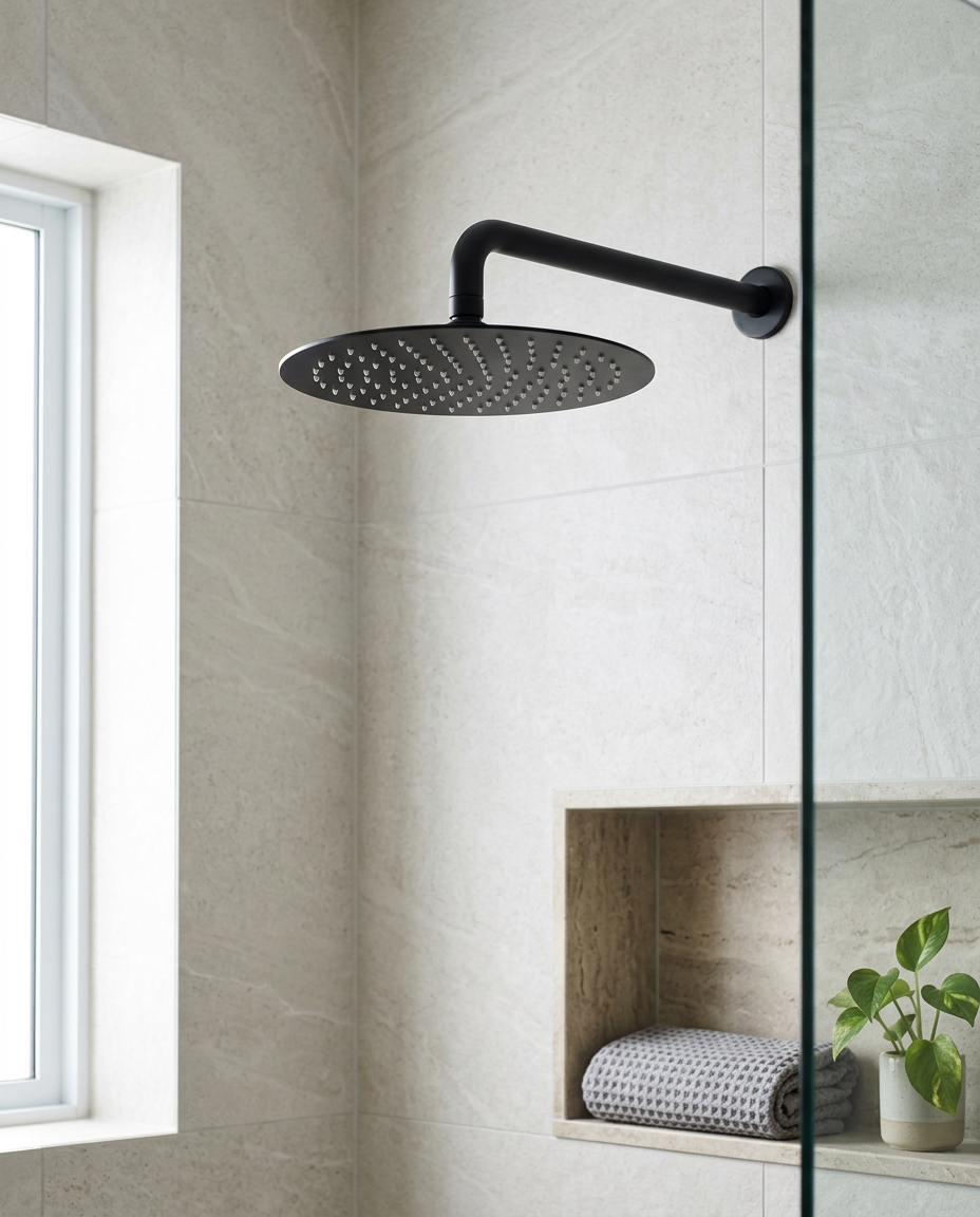 Bespoke Round Shower Head, 250mm in a bright modern bathroom