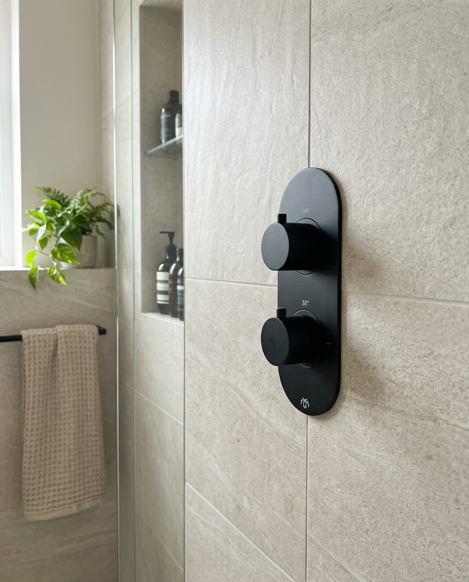 Bespoke Round Thermostatic Shower Valve in a bright modern bathroom