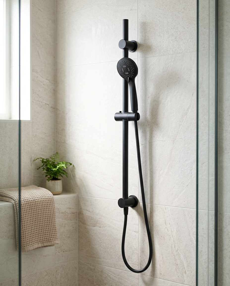 Bespoke Shower Slide Rail Kit in a bright modern bathroom