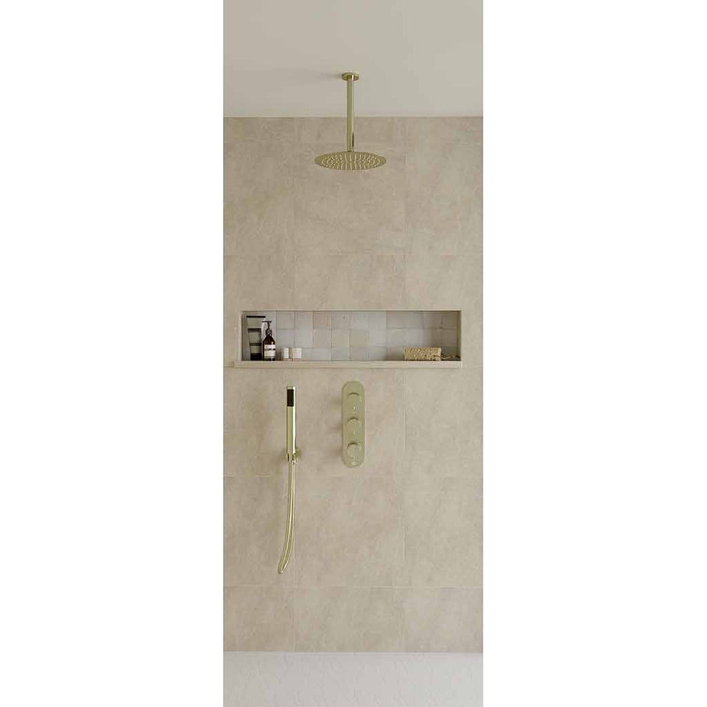 Concealed thermostatic shower system in brushed brass with ceiling-mounted head