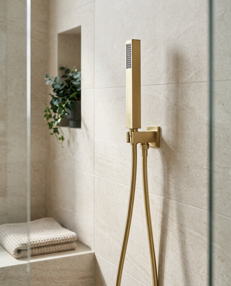 Bespoke Square Hand Shower with Outlet Elbow in a bright modern bathroom