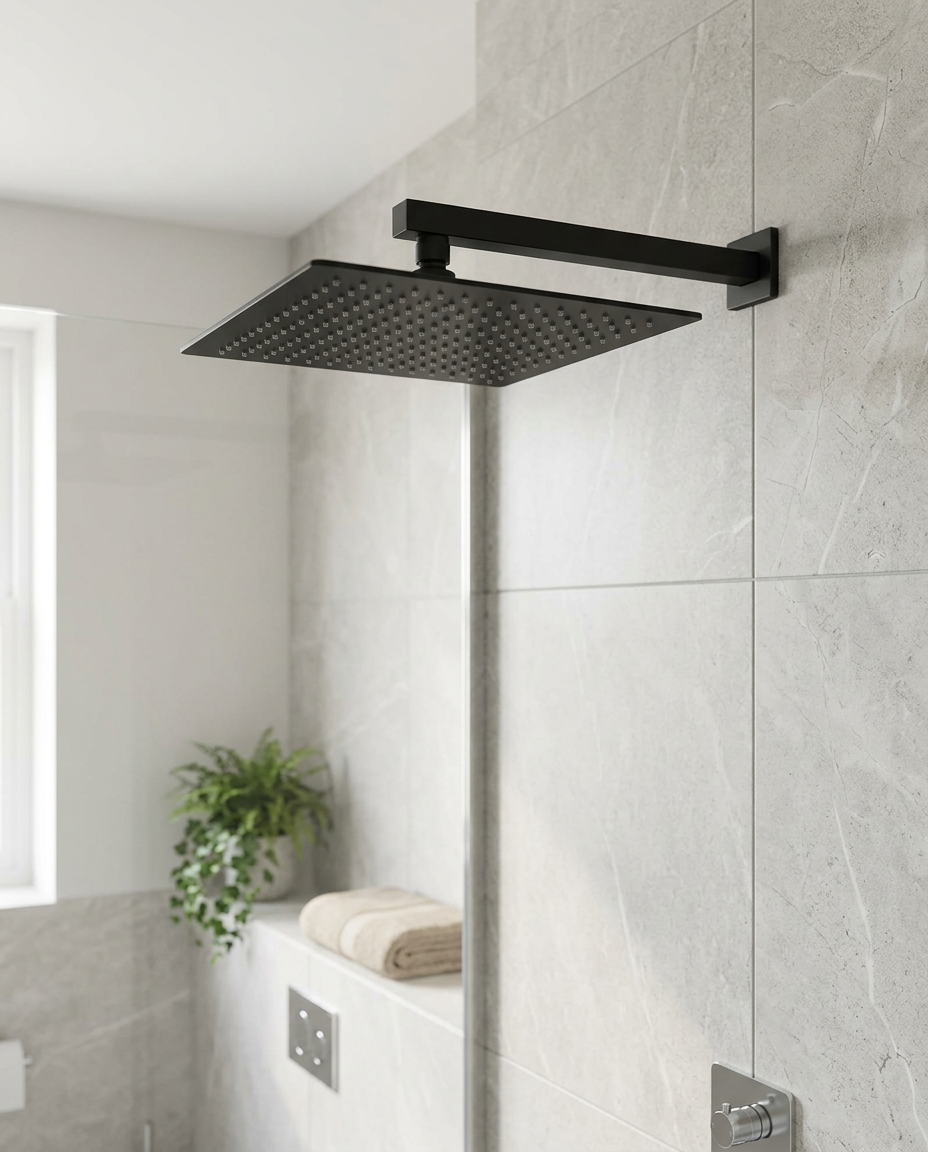 Bespoke Square Shower Head, 250mm in a bright modern bathroom