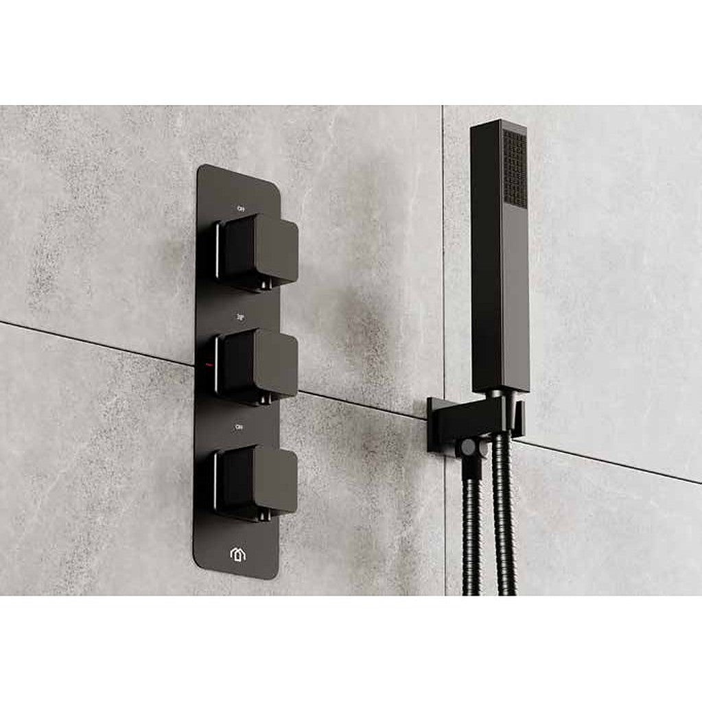 Square three-control shower valve with hand shower and outlet elbow in matt black
