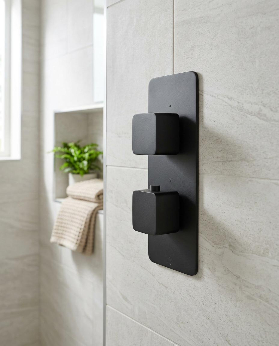 Bespoke Square Thermostatic Shower Valve in a bright modern bathroom