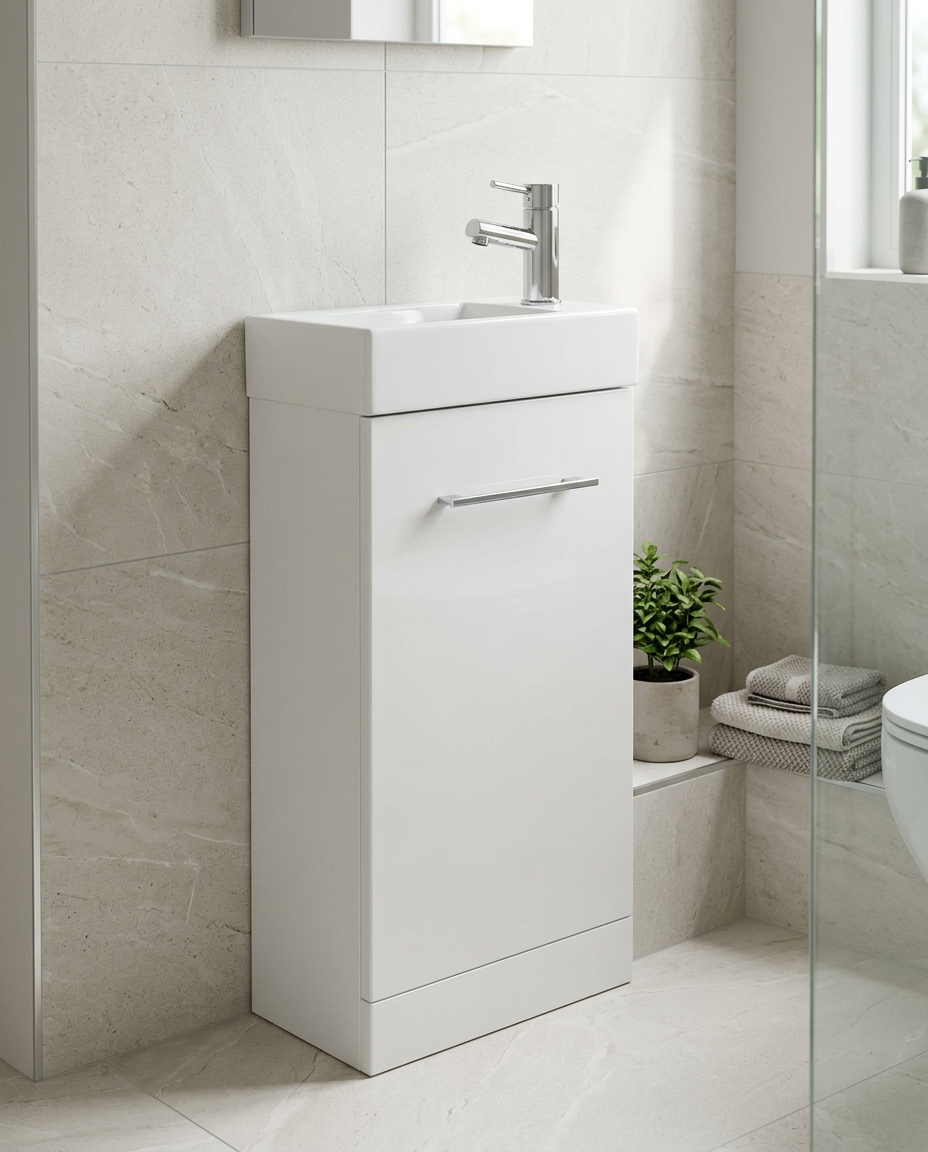 Blok Cube Cloakroom Unit & Basin in a bright modern bathroom