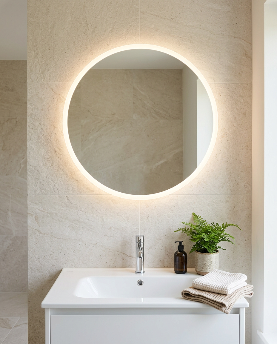 Bramley Rounded LED Mirror in a bright modern bathroom