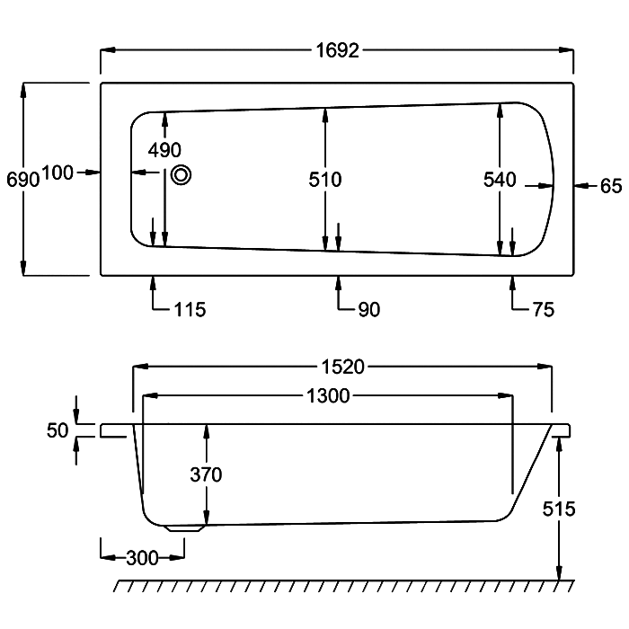 Carron Britannia Single Ended Bath, technical drawing