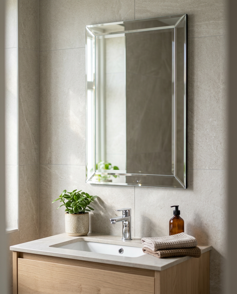 Burford Bevelled Edge Mirror in a bright modern bathroom
