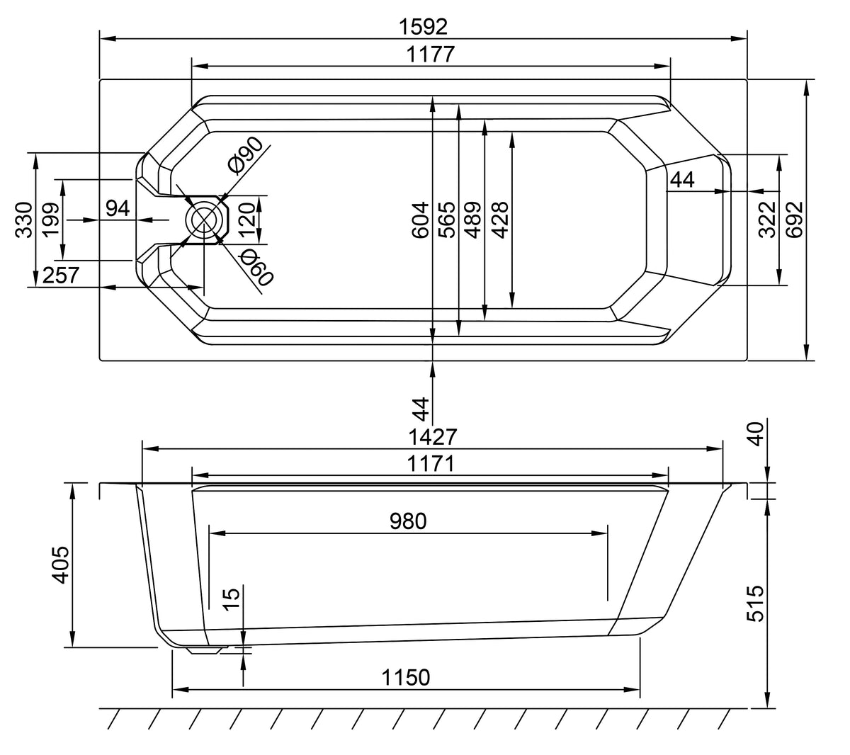 Carron Camden Single Ended Bath, technical drawing