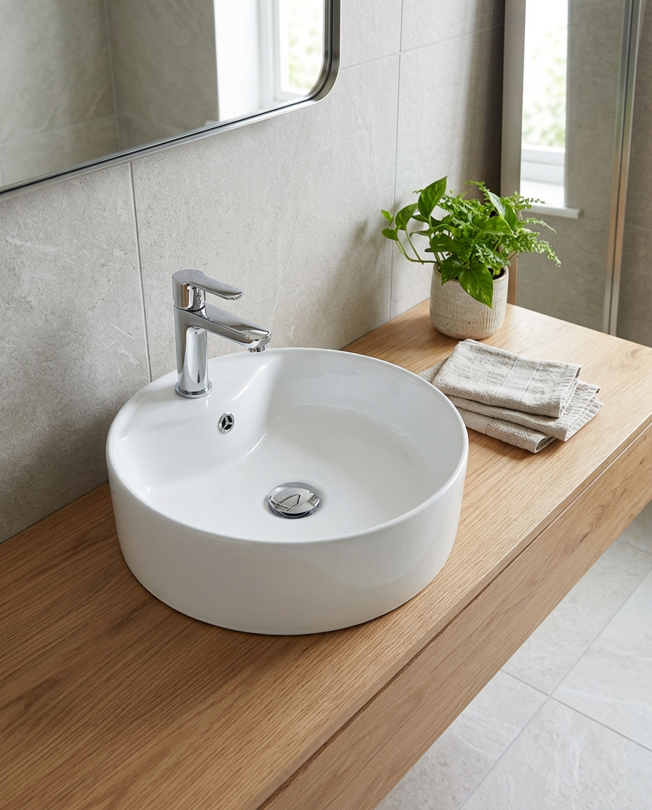 Cara Round Countertop Basin in a bright modern bathroom
