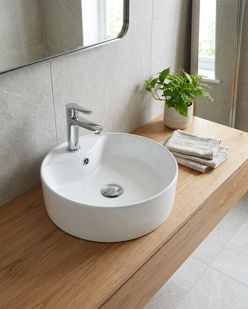 Cara Round Countertop Basin in a bright modern bathroom