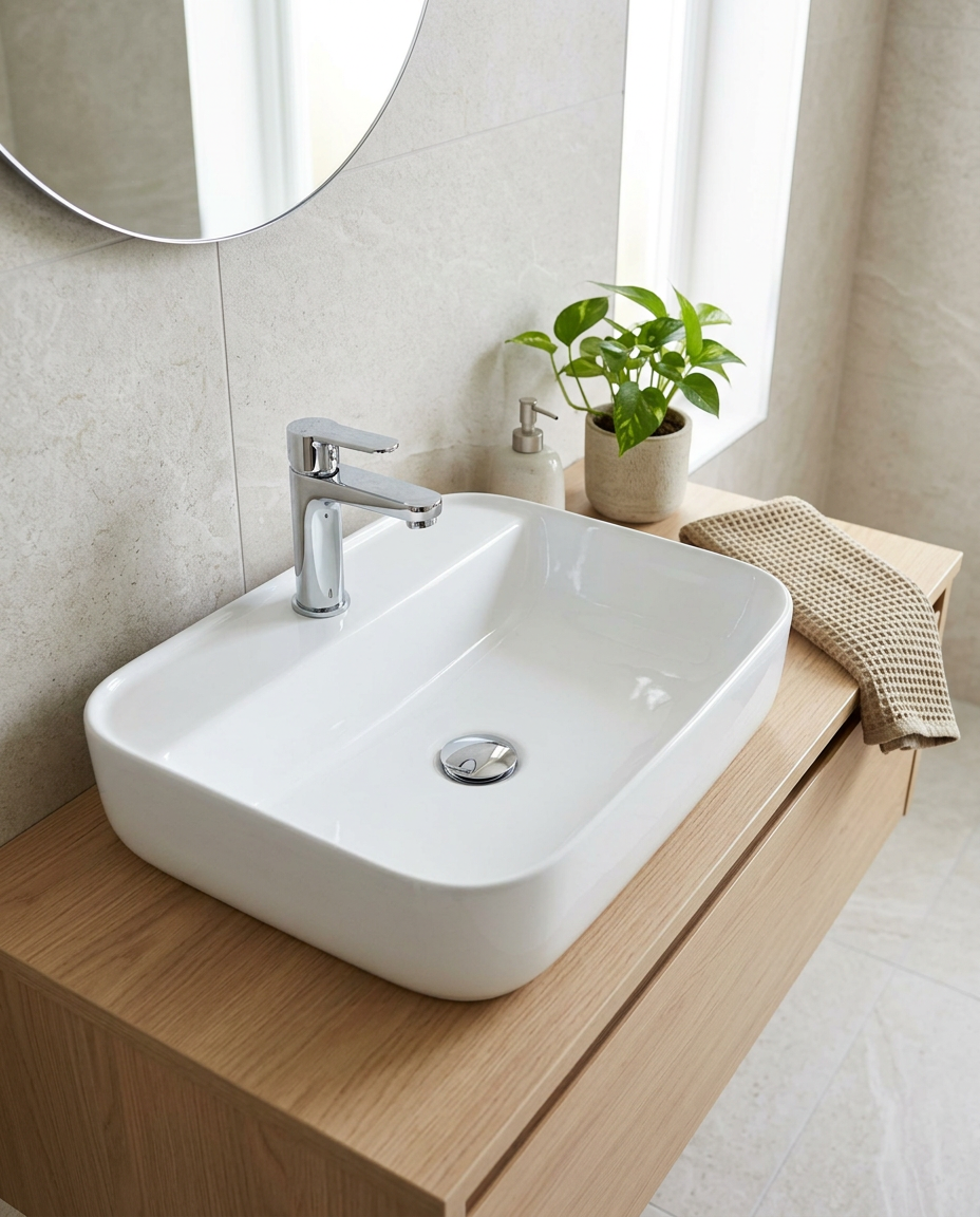 Cara Square Countertop Basin in a bright modern bathroom