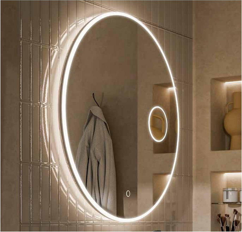 Celesta Round LED Mirror with Magnifier lit up in a bathroom