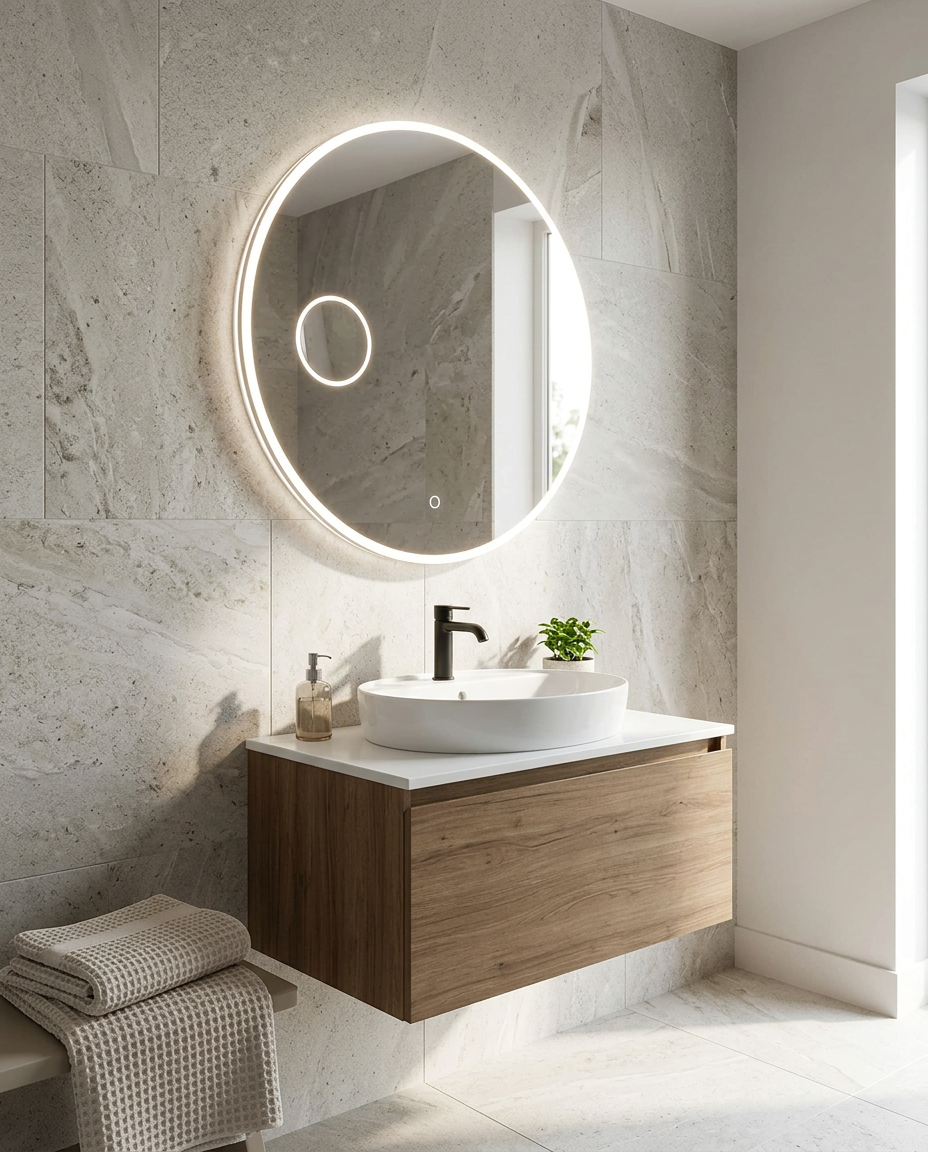 Celesta Round LED Mirror with Magnifier in a bright modern bathroom