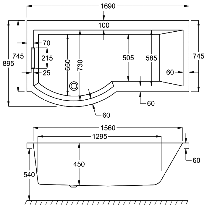 Carron Celsius Shower Bath, technical drawing