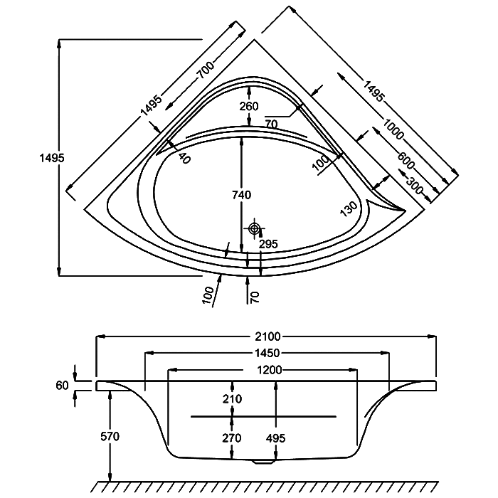 Carron Centennial Corner Bath, technical drawing