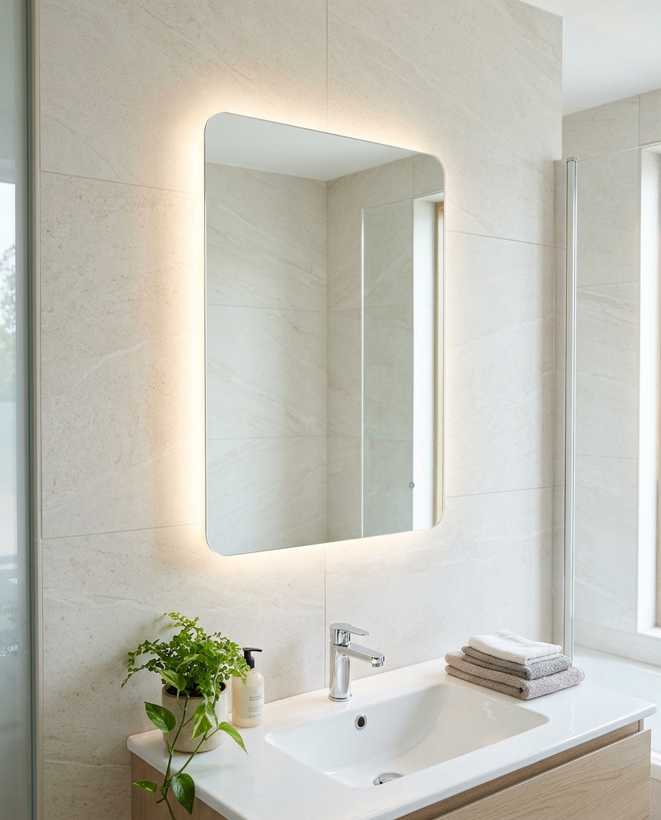 Chalfont Backlit LED Mirror in a bright modern bathroom