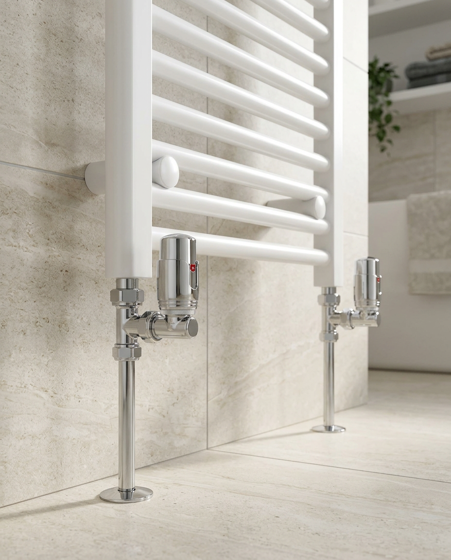 Chrome Thermostatic Radiator Valves, straight thermostatic radiator valves in a bright modern bathroom