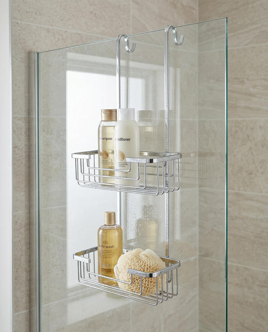 Chrome Wire Shower Baskets, hanging shower tidy in a bright modern shower