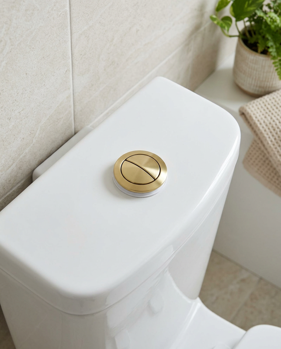 Cistern Push Buttons, brushed brass in a bright modern bathroom