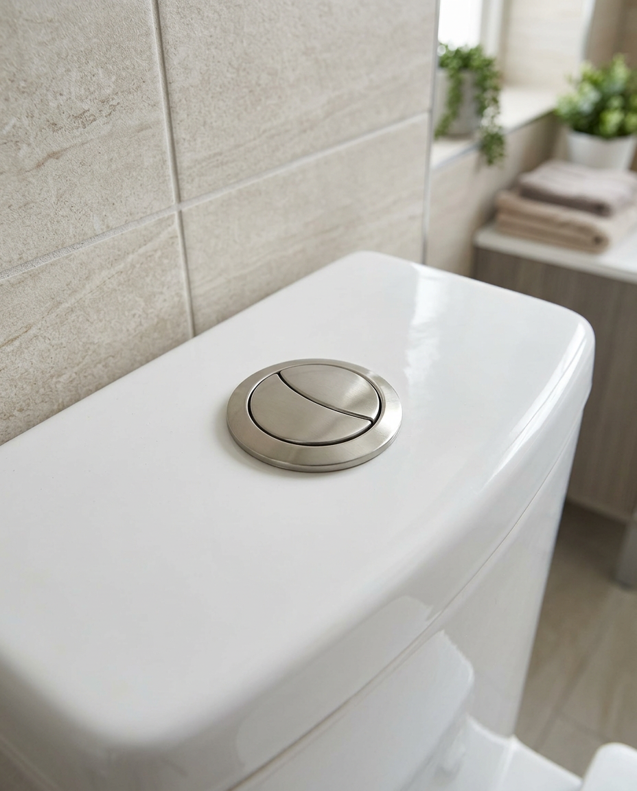 Cistern Push Buttons, brushed nickel in a bright modern bathroom