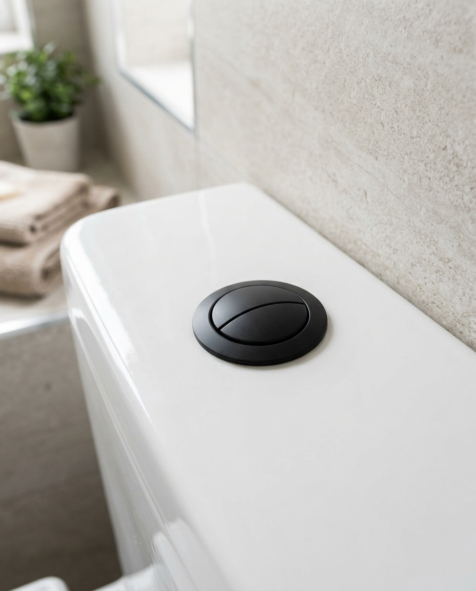 Cistern Push Buttons, matt black in a bright modern bathroom